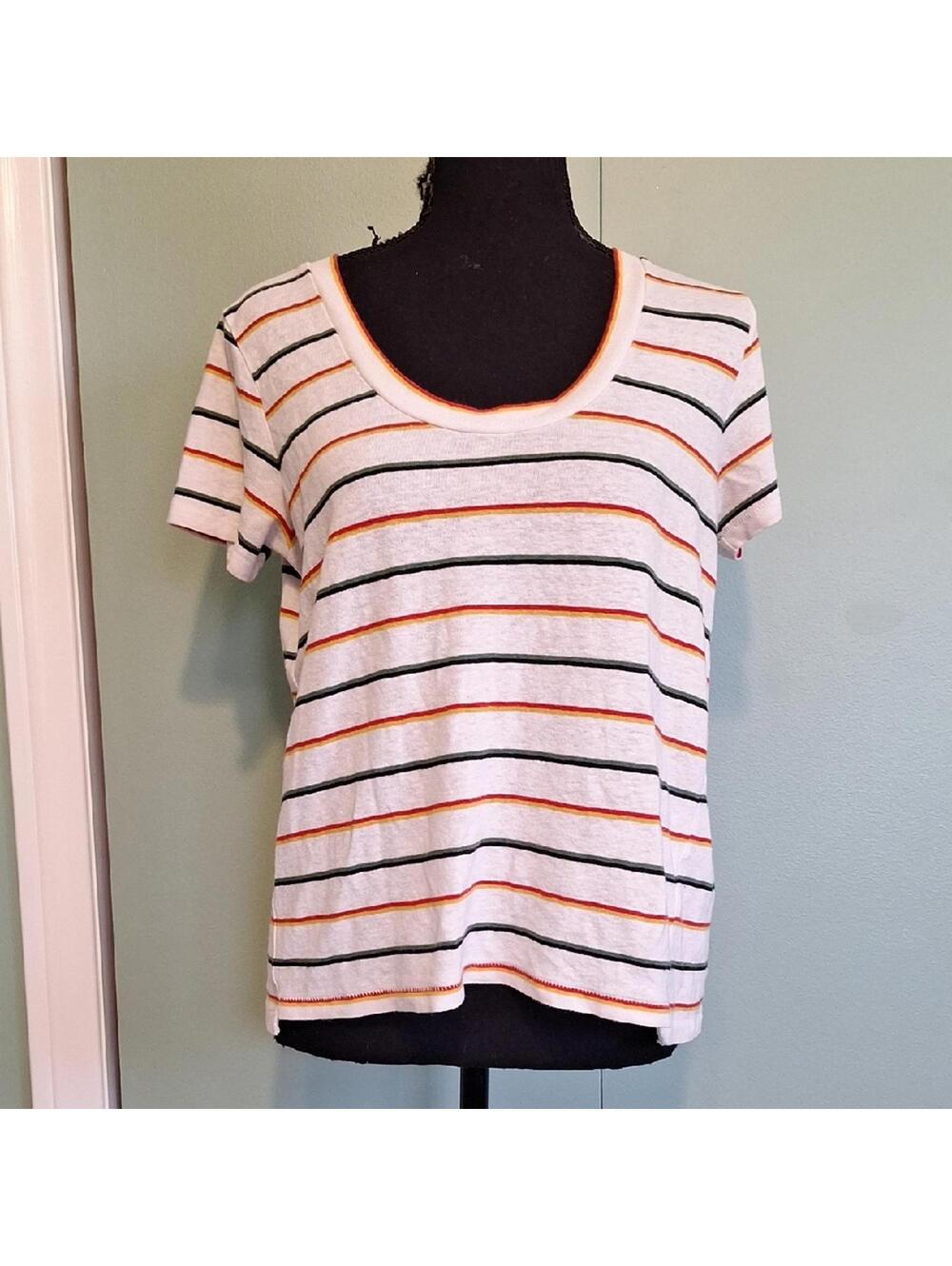 Madewell Linen Blend Light Weight White Striped Short Sleeve Shirt Size Small
